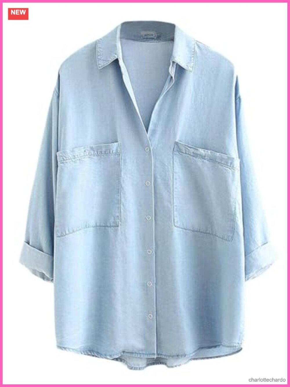 Tencel Button Down Shirt 3/4 Sleeve V-Neck Blouse